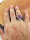 Kırmızı Akik Taşlı Oval Dikdörtgen Tasarımlı 925 Ayar Gümüş Yüzük thumbnail 4