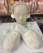 BirolGaye Lohusa Küpeli Çift Taçlı Ekru Fransız Dantel Terlik Taç Takımı thumbnail 5