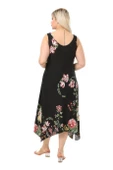 Melsay Butik Siyah Pembe Çiçekli Askılı V Yaka Uzun Elbise - 5