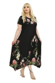 Melsay Butik Pembe Çiçekli Asimetrik Siyah Kısa Kollu Uzun Elbise - 4