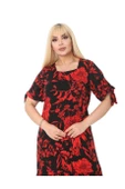 Melsay Butik Kırmızı Palmiye Desen Bağlamalı Kısa Kollu Kadın Midi Elbise - 2