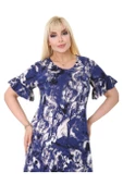 Melsay Butik Mavi Batik Desen Fırfırlı Kısa Kollu Kadın Midi Elbise - 9