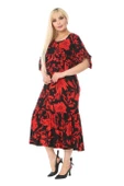 Melsay Butik Kırmızı Palmiye Desen Bağlamalı Kısa Kollu Kadın Midi Elbise - 7