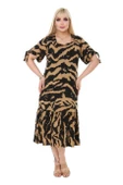 Melsay Butik Vizon Zebra Desen Bağlamalı Kısa Kollu Kadın Midi Elbise - 7