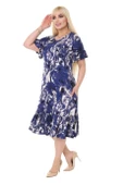 Melsay Butik Mavi Batik Desen Fırfırlı Kısa Kollu Kadın Midi Elbise - 7