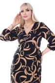 Melsay Butik Kruvaze Yaka Taba Dalga Desen Anvelop Midi Elbise thumbnail 4