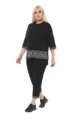 Melsay Butik Siyah Kare Şeritli Büyük Beden Kadın Kapri Takımı - 2