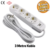 2 USB'li 4'lü Grup Priz 3 Metre Kablolu Fiş Priz Topraklı Çoklu Grup Priz Çoğaltıcı Dörtlü thumbnail 1