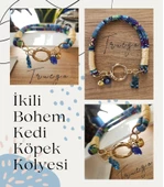 İkili Kedi Köpek Boyun Tasması Bohem Kedi Kolyesi Yaylı Kilit - Açık Mavi - 2