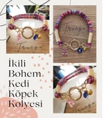İkili Kedi Köpek Boyun Tasması Bohem Kedi Kolyesi Yaylı Kilit - Pembe - 2
