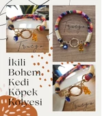 İkili Kedi Köpek Boyun Tasması Bohem Kedi Kolyesi Yaylı Kilit - Renkli - 2
