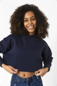 Basic Lacivert Kapüşonlu Crop Sweatshirt - 3