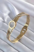 MuI MuI 316L Çelik Gold Renk Zirkon Taş İşleme Detay Kadın Kelepçe - 1