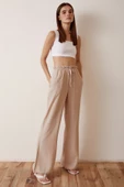 Beli Lastikli Biyeli Yüksek Bel Pantolon Bej thumbnail 4