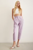 Beli Lastikli Düğme Kapalı Boyfriend Jean Mor - 2