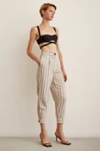 Önü Düğmeli Çizgili Pantolon Çizgili Ekru thumbnail 3