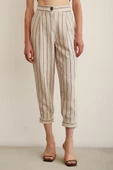 Önü Düğmeli Çizgili Pantolon Çizgili Ekru thumbnail 5
