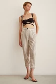 Önü Düğmeli Çizgili Pantolon Çizgili Ekru thumbnail 1