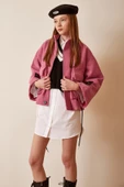 Cep Detaylı Bağcıklı Crop Ceket Pembe - 1