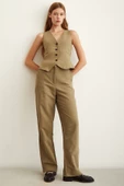Yüksek Bel Keten Pantolon Haki thumbnail 1