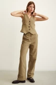 Yüksek Bel Keten Pantolon Haki thumbnail 3