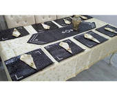 Mandaş Yemek seti 8 Kişilik deri runnerli yüzüklü siyah / gold - 1