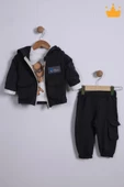 Babyhola Bayramlık 3'lü Kapşonlu Hırka Badi Pantolon Erkek Bebek Çocuk Alt Üst Takım - 9