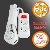 Kablolu 2'li Grup Priz Fiş 10 Metre Topraklı Anahtarlı Düğmeli Çoklu Çoğaltıcı Asmalı Uzatma thumbnail 1