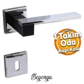 Begonya Lüx Mat Siyah Krom Kare Rozetli Oda Uyumlu Kapı Kolu Sağa ve Sola Uygun Kapı Kolları 1 Takım - 1