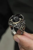 Siyah Kubbeli Taşlı 925 Gümüş Erkek Yüzük - 9