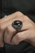 Siyah Kubbeli Taşlı 925 Gümüş Erkek Yüzük - 5