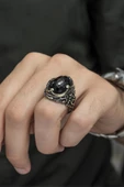 Siyah Kubbeli Taşlı 925 Gümüş Erkek Yüzük - 6