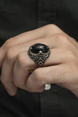 Siyah Kubbeli Taşlı 925 Gümüş Erkek Yüzük - 3