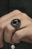 Siyah Kubbeli Taşlı 925 Gümüş Erkek Yüzük - 1