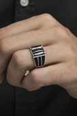 2 Sıra Dik Siyah Taşlı 925 Gümüş Erkek Yüzük thumbnail 1
