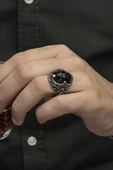 Siyah Kubbeli Taşlı 925 Gümüş Erkek Yüzük - 4