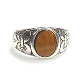 925 Ayar Gümüş Oval Kaplan Gözü Taşlı Kolları İşlemeli Erkek Yüzük thumbnail 3