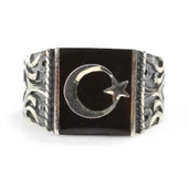 925 Ayar Gümüş Kare Oniks & Ay Yıldızlı El Kalemi İşlemeli Erkek Yüzüğü thumbnail 4