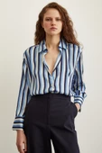 Çizgili Saten Gömlek Lacivert thumbnail 1
