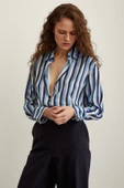 Çizgili Saten Gömlek Lacivert thumbnail 5