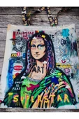 Popart Mona Lisa Desenli Baskılı Kumaş Çanta Omuz Askılı Bez Çanta - 3