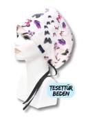 Tesettür Mor Kelebekler Desenli Cerrahi Bone Doktor Hemşire Sağlıkçı Hastane Aşçı Bonesi Geniş - 1