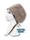Tesettür Leopar Kahverengi Desenli Cerrahi Bone Doktor Hemşire Sağlıkçı Hastane Aşçı Bonesi Geniş - 1