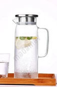Borosilikat Cam Sürahi Kulplu Çelik Kapaklı Soğuk Sıcak Kokteyl Meşrubat Karaf Cam Sürahisi 1500 ml - 6