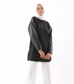 Kolları Deri Garnili Scuba Sweat Tunik-SYG50208Siyah thumbnail 1