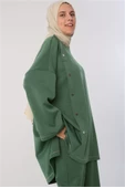 Simli Şerit ve Çıtçıt Detaylı Oversize Tunik 53019Yeşil - 2