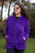 Kadın Mor Peluş Kalın Fermuarlı Kapüşonlu Cepli Ceket 23KCKTMY50 - 3