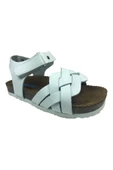 Turkuaz Ortopedika Patik Kız Sandalet Beyaz Önü Örgü Desen Cırtlı % 100 Deri Ortopedik Mantar Tbn - 2