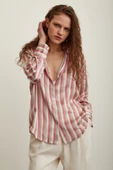 Çizgili Saten Gömlek Pembe thumbnail 1
