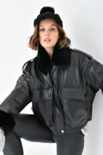 FTZ Women Kadın Kürk Detay Deri Kaban  Siyah RBN4073 thumbnail 3